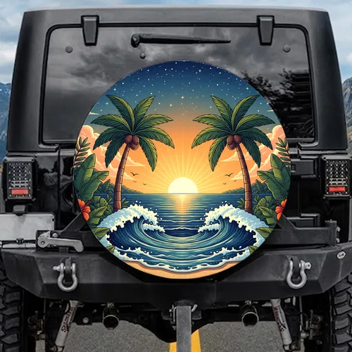 Tropical Palm Trees Ocean Sunset Stars Beach - Outdoor Lifestyle Accessory Spare Tire Cover