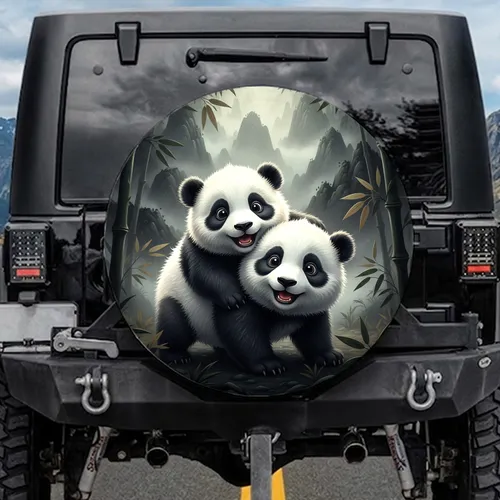Wide-Eyed Baby Pandas Playfully Climbing Bamboo Forest Wildlife Lover Gift Spare Tire Cover