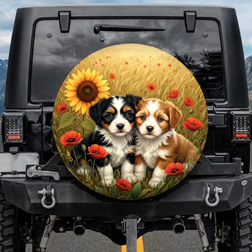 Blue Eyed Fluffy Puppies Sunflower Red Poppies Golden Meadow - Wildlife Lover Gift Spare Tire Cover