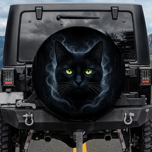 Sleek Black Cat Glowing Yellow Green Eyes Whiskers - Mysterious Home Decor Gift for Cat Lover Spare Tire Cover