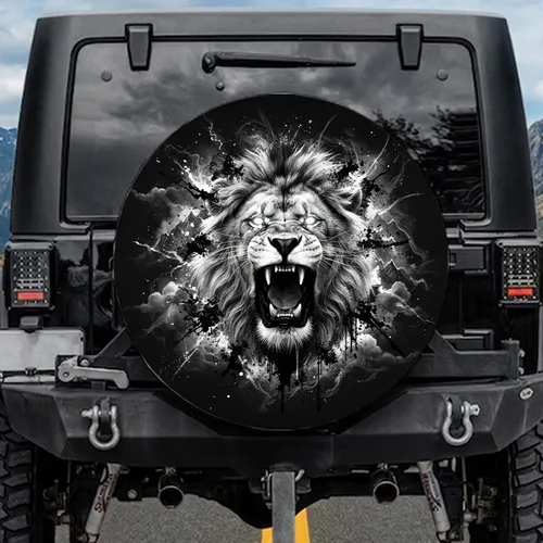 High-Contrast Roaring Lion Head Black White Grunge Storm - Wildlife Lover Gift Spare Tire Cover