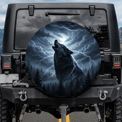 Dark Wolf Howling Storm Clouds Moon Lightning Pine Forest - Wildlife Lover Gift for Wolf Lovers Spare Tire Cover