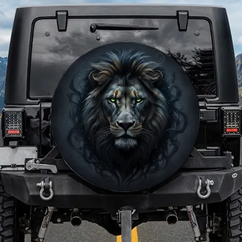 Fierce Lion Head Dark Mane Yellow-Green Eyes - Wildlife Lover Gift for Truck Owners Spare Tire Cover