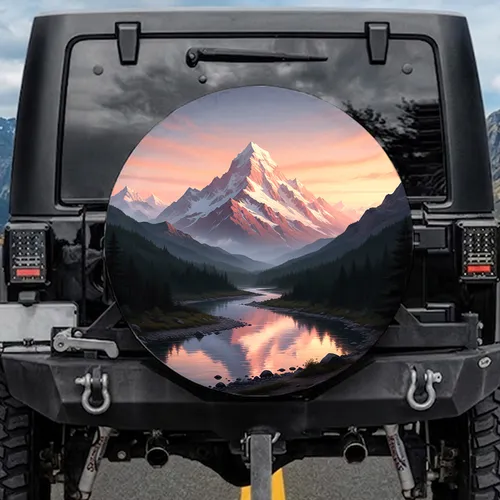 Alpenglow Snow Mountain Peak River Reflection Forest Sunset Sky - Outdoor Decor Spare Tire Cover