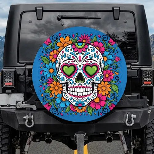 Calavera Marigold Daisy Flowers Día de Muertos Folk Art Gift Spare Tire Cover