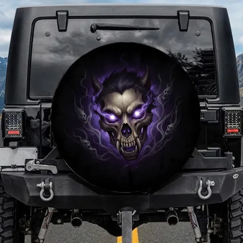 Dark Spectral Menacing Furry Skull Glowing Purple Eyes - Gothic Fantasy Decor Gift Spare Tire Cover
