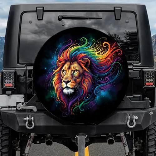 Detailed Lion Face Rainbow Mane Blue Purple Green Flowing Patterns Cosmic Black - Wildlife Lover Gift Spare Tire Cover