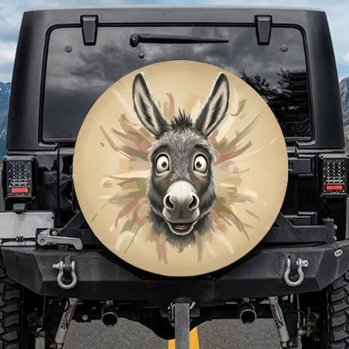 Surprised Shaggy Donkey Head Charcoal Fur Muted Earth Tones - Farmhouse Car Decor Gift Spare Tire Cover