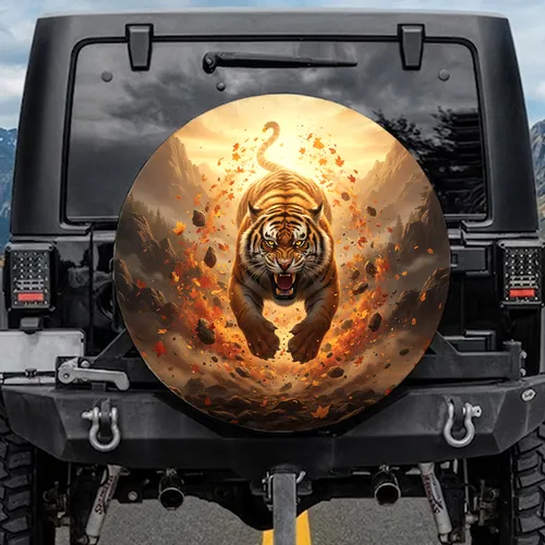Ferocious Roaring Tiger Autumn Leaves Mountain Peaks - Outdoor Adventure Gift Spare Tire Cover