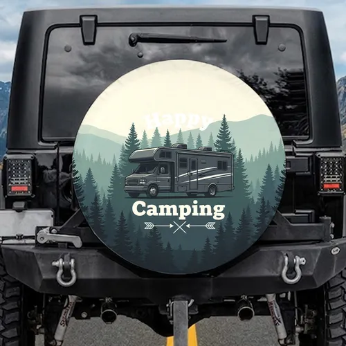 Class C Motorhome Forest Mountains Happy Camping - RV Lifestyle Camping Adventure Gift Spare Tire Cover
