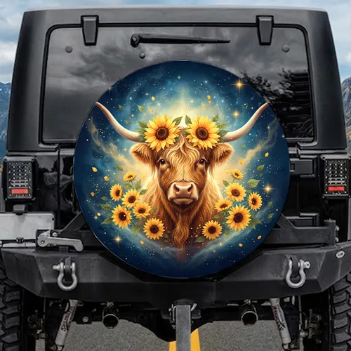 Highland Cow Sunflower Floral Crown Cosmic Sky - Farmhouse Car Decor Gift for Cow Lover Spare Tire Cover