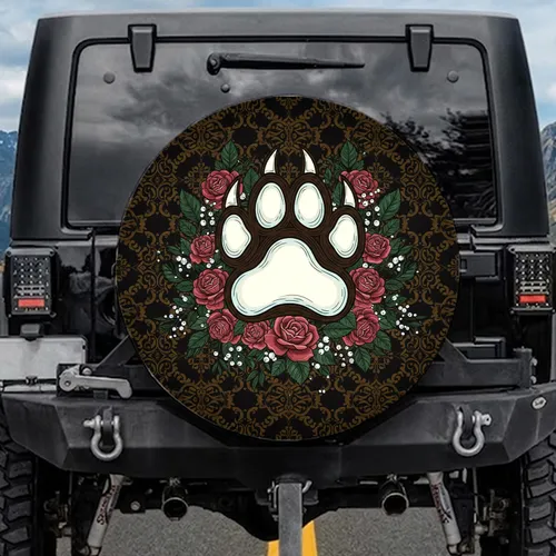 Bear Paw Claw Print Roses Berries Damask - Off-Roading Camping Adventure Gift Spare Tire Cover