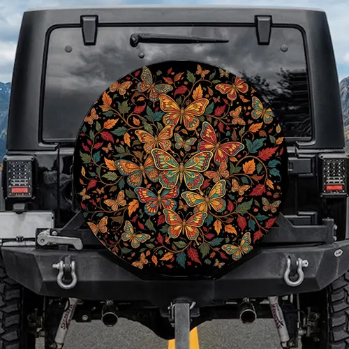 Butterflies Autumn Leaves Branches - Black Background Autumn Decor Gift for Nature Lover Spare Tire Cover