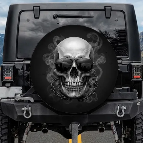 Realistic Skull Sunglasses Chains - Dark Industrial Car Decor Spare Tire Cover