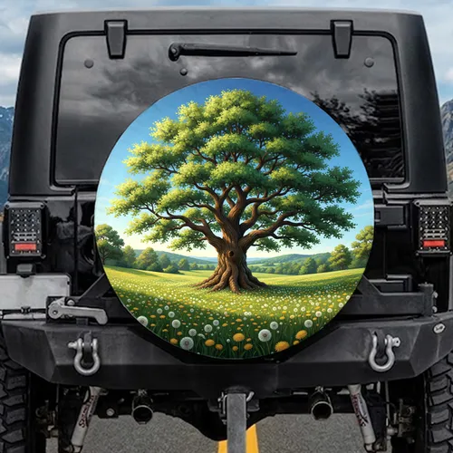 Majestic Leafy Deciduous Tree Dandelion Meadow Rolling Landscape - Nature Lover Gift Spare Tire Cover