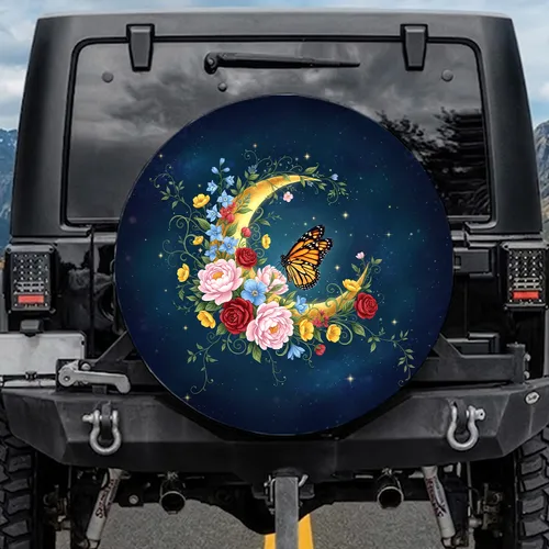 Monarch Butterfly Golden Moon Wildflowers - Starry Night Nature Lover Gift Spare Tire Cover