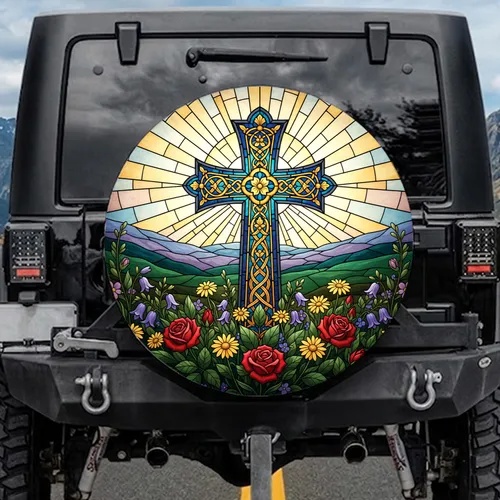 Stained Glass Christian Cross Wildflower Landscape - Christian Faith Gift Spare Tire Cover