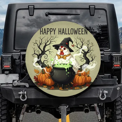 Happy Halloween Witch Hat Chicken Cauldron Pumpkins Gnarled Trees - Halloween Gift Spare Tire Cover