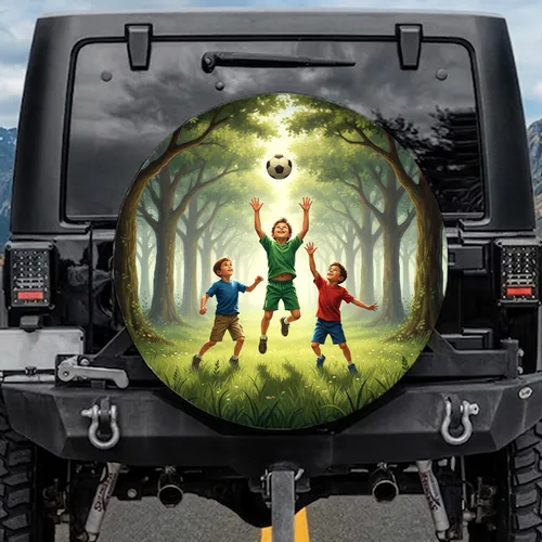 Three Children Jumping Soccer Green Grass Field - Outdoor Play Fun Gift Spare Tire Cover