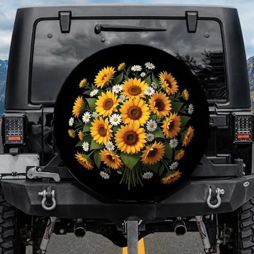 Vibrant Yellow Sunflowers White Daisies Green Leaves Midnight Black Garden Lover Gift Spare Tire Cover