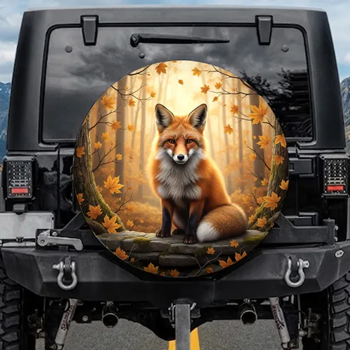 Majestic Red Fox Autumn Forest Rustic Ledge - Wildlife Lover Car Decor Gift Spare Tire Cover