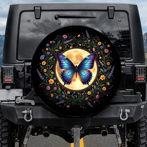 Iridescent Butterfly Full Moon Wildflowers Celestial - Nature Lover Gift Spare Tire Cover
