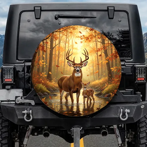 Majestic White-tailed Buck Fawn Golden Autumn Forest Stream - Wildlife Lover Gift Spare Tire Cover