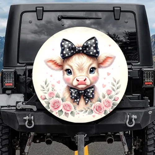 Baby Cow Pink Roses Black Bow Green Foliage - Farmhouse Car Decor Cow Lover Spare Tire Cover