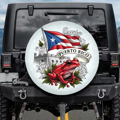 Red Coqui Frog Puerto Rico Flag El Morro Fort - Puerto Rico Cultural Heritage Gift Spare Tire Cover