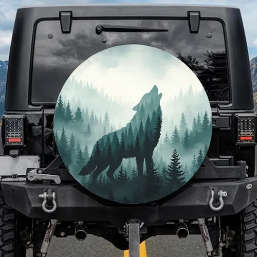 Majestic Howling Wolf Silhouette Evergreen Misty Forest - Nature Lover Gift Spare Tire Cover