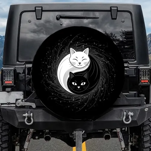 Intertwined Black White Cat Yin Yang Symbol - Cosmic Dust Cat Lover Decor Gift Spare Tire Cover