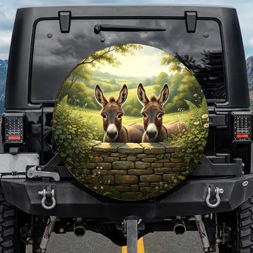 Inquisitive Donkeys Dry Stone Wall Countryside Landscape - Farmhouse Decor Wildlife Lover Gift Spare Tire Cover