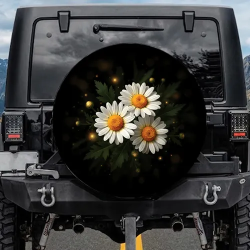 White Daisies Yellow Centers Foliage Botanical Textures - Nature Lover Gift Spare Tire Cover