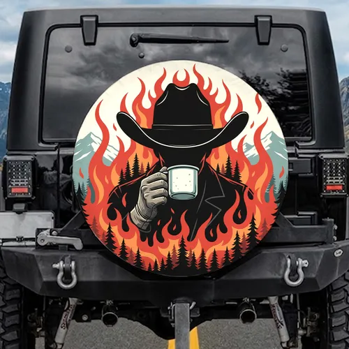 Shadow Cowboy Mug Gloved Hands Flames Dark Pine Mountain - Adventure Travel Essential Spare Tire Cover