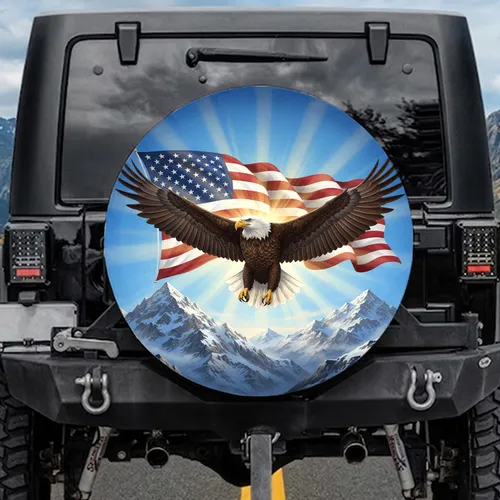 Bald Eagle American Flag Snow Mountains - Independence Day Patriotic Gift Spare Tire Cover
