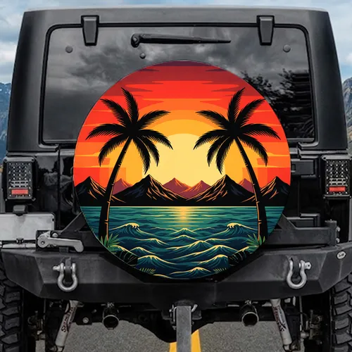 Tropical Palm Trees Volcanic Mountains Sunset Sky - Road Trip Essential Spare Tire Cover