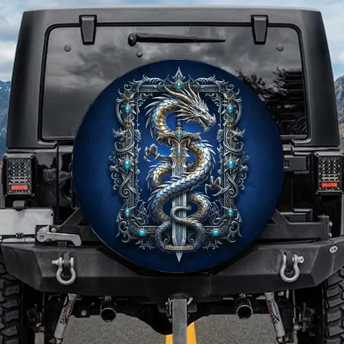 Silver Gold Dragon Broadsword Azure Gems - Fantasy Lover Gift for Adventure Seeker Spare Tire Cover