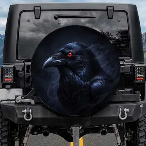 Majestic Black Raven Glowing Red Eyes Dark Mist - Dark Fantasy Car Decor Gift Spare Tire Cover
