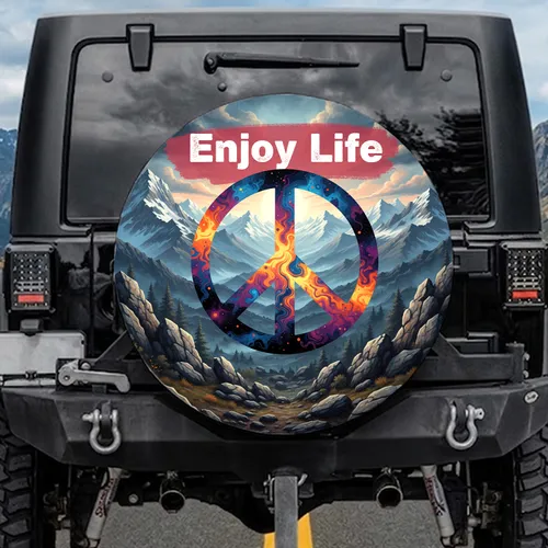 Peace Symbol Cosmic Nebula Mountains - Enjoy Life Outdoor Explorer Gift Spare Tire Cover