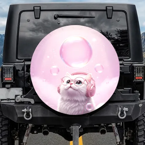 White Cat Pink Glasses Headphones Iridescent Bubbles - Car Decor Gift Spare Tire Cover