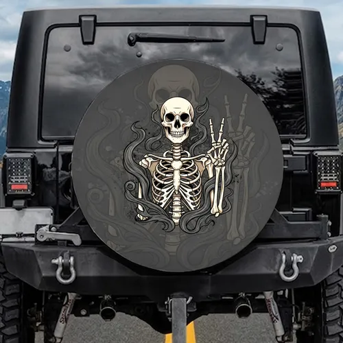 Smoke-Shrouded Upper Torso Skeleton Peace Sign Gesture - Car Decor Gift Spare Tire Cover