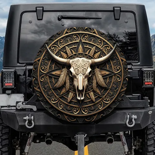 Longhorn Bull Skull Feathers Tribal Mandala - Western Car Decor Gift for Cowboy Spare Tire Cover
