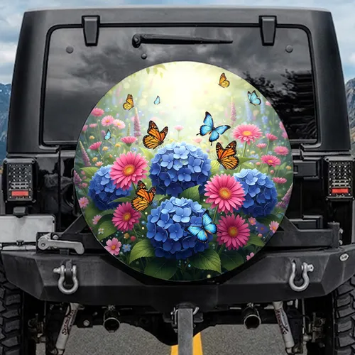 Monarch Butterfly Electric Blue Hydrangea Pink Gerbera Garden - Outdoor Living Gift Spare Tire Cover