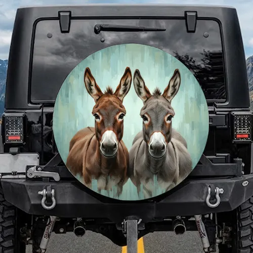 Brown Grey Donkeys Portrait with Expressive Eyes - Farmhouse Decor Gift Spare Tire Cover