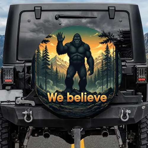 Dark Fur Creature Waving We Believe - Mountain Forest Wildlife Lover Gift Spare Tire Cover