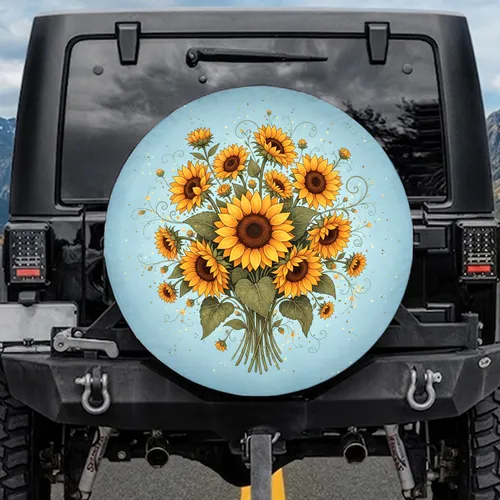 Lush Sunflower Bouquet Golden Wisps Sky Blue Field - Auto Decor Gift for Drivers Spare Tire Cover