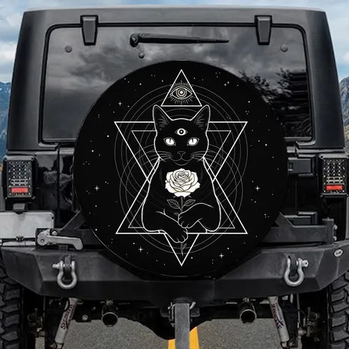 Black Cat Eye of Providence White Rose Geometric Triangle - Car Decor Gift for Cat Lovers Spare Tire Cover