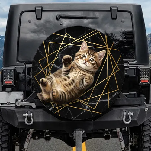 Tabby Kitten Gold Lines Black Marble - Cat Lover Car Decor Gift Spare Tire Cover