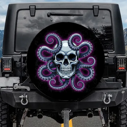 Abyssal Skull Octopus Tentacles Neon Glow - Dark Art Decor Gift Spare Tire Cover