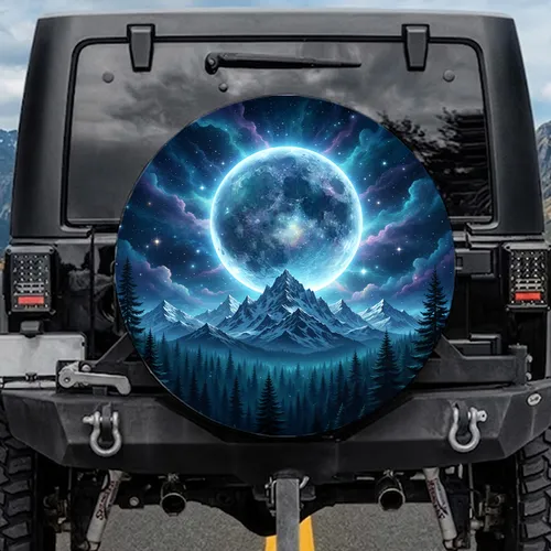 Luminous Full Moon Jagged Mountains Forest - Wilderness Decor Gift Spare Tire Cover